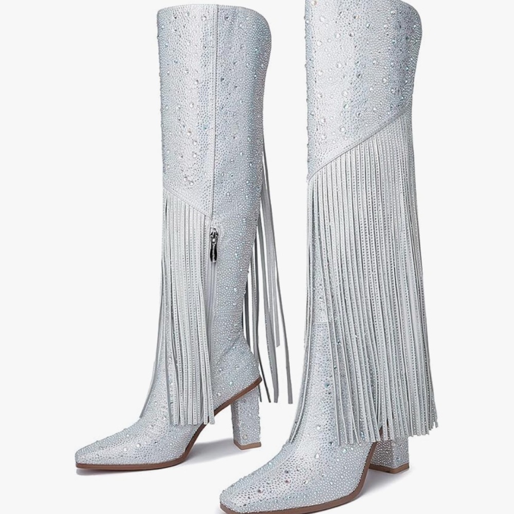 🆕 Rhinestone Silver Fringe Knee-High Boots - Picture 2 of 13